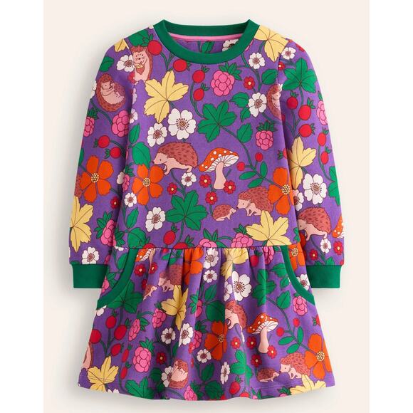 Mini Boden Cosy Printed Sweatshirt Dress Purple Hedgehogs Girls Size 3-4Y New - Picture 1 of 8